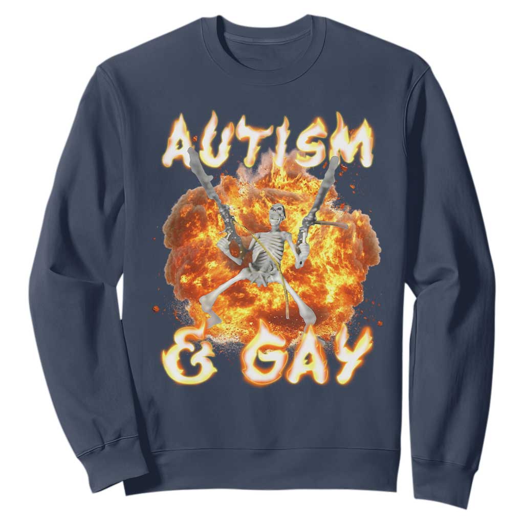 Funny Skeleton Meme Sweatshirt Autistic and Gay TS09 Navy Print Your Wear