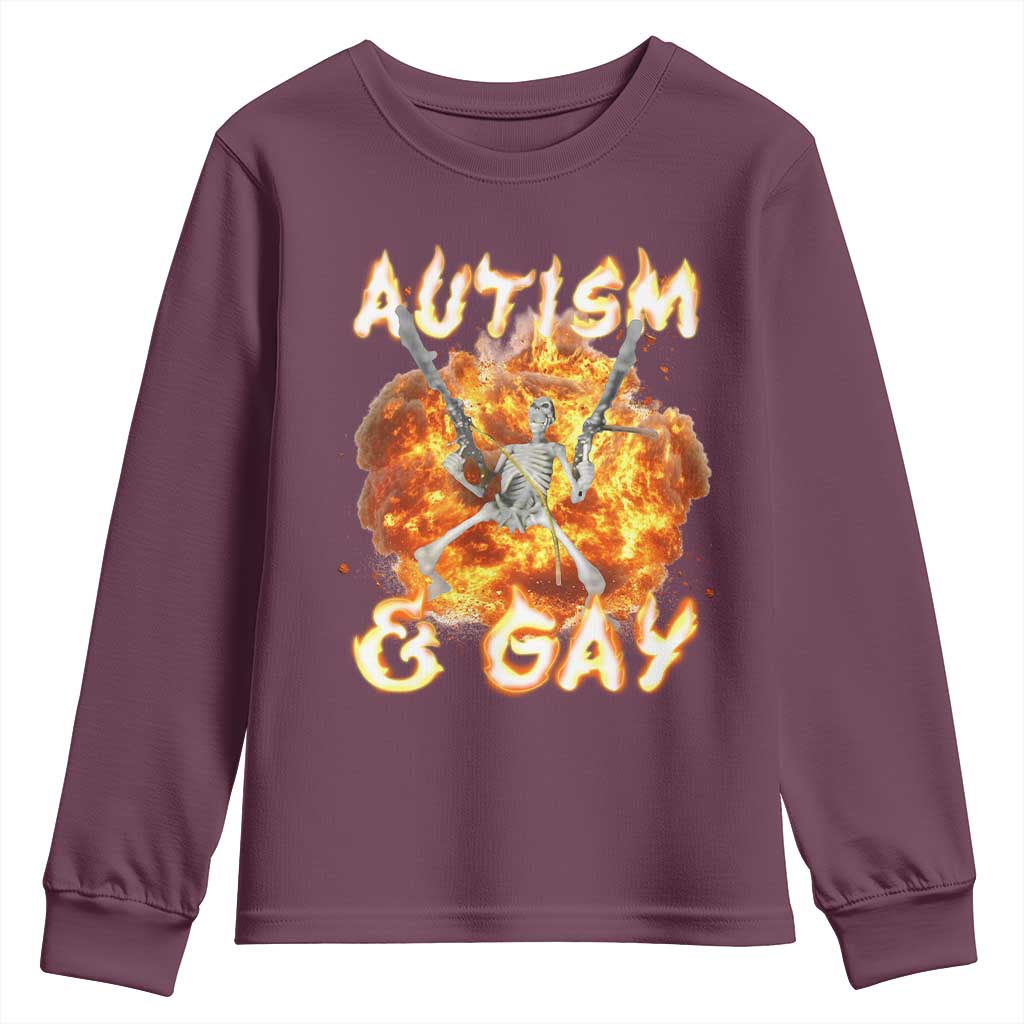 Funny Skeleton Meme Youth Sweatshirt Autistic and Gay TS09 Maroon Print Your Wear