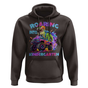 Roaring Into Kindergarten Hoodie Funny Dinosaur Monster Truck Back To School TS09 Dark Chocolate Print Your Wear