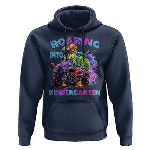 Roaring Into Kindergarten Hoodie Funny Dinosaur Monster Truck Back To School TS09 Navy Print Your Wear