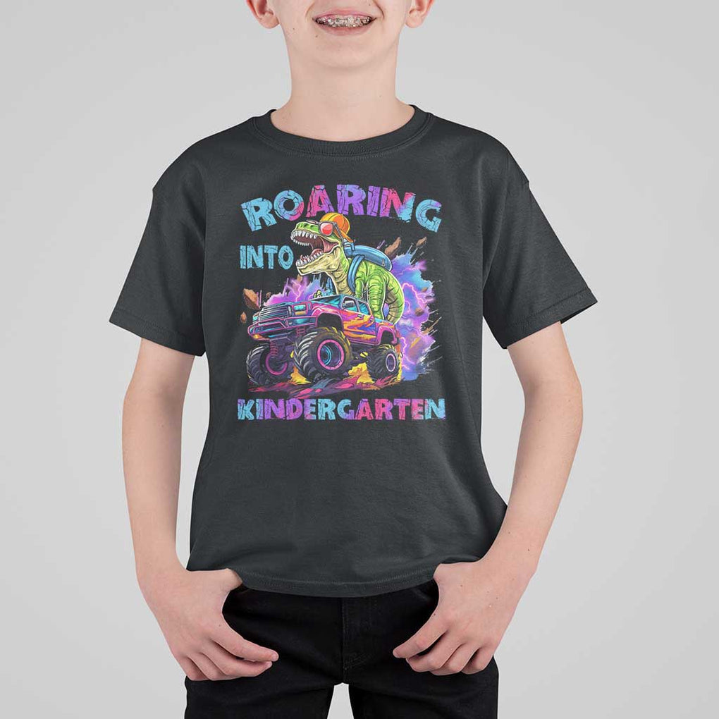 Roaring Into Kindergarten T Shirt For Kid Funny Dinosaur Monster Truck Back To School TS09 Black Print Your Wear