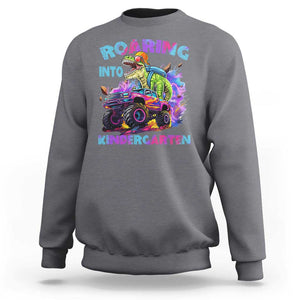 Roaring Into Kindergarten Sweatshirt Funny Dinosaur Monster Truck Back To School TS09 Charcoal Print Your Wear