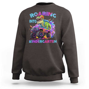 Roaring Into Kindergarten Sweatshirt Funny Dinosaur Monster Truck Back To School TS09 Dark Chocolate Print Your Wear