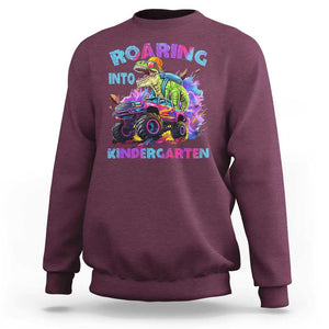 Roaring Into Kindergarten Sweatshirt Funny Dinosaur Monster Truck Back To School TS09 Maroon Print Your Wear