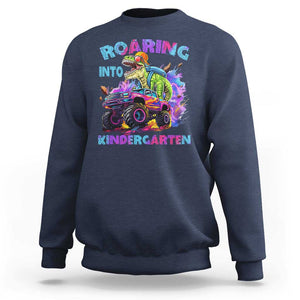 Roaring Into Kindergarten Sweatshirt Funny Dinosaur Monster Truck Back To School TS09 Navy Print Your Wear