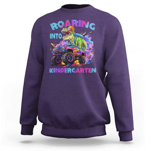 Roaring Into Kindergarten Sweatshirt Funny Dinosaur Monster Truck Back To School TS09 Purple Print Your Wear