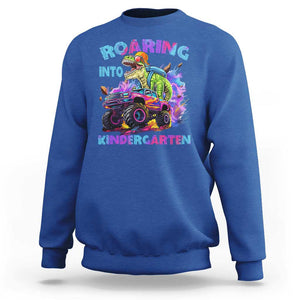 Roaring Into Kindergarten Sweatshirt Funny Dinosaur Monster Truck Back To School TS09 Royal Blue Print Your Wear