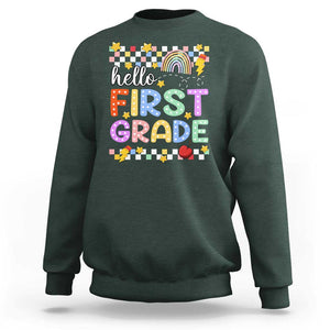 Hello First Grade Groovy Back To School Sweatshirt TS09 Dark Forest Green Print Your Wear