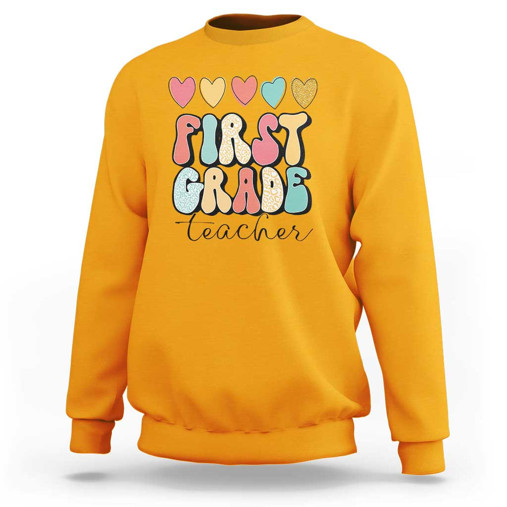 First Grade Teacher Leopard Heart Retro Groovy Sweatshirt TS09 Gold Print Your Wear