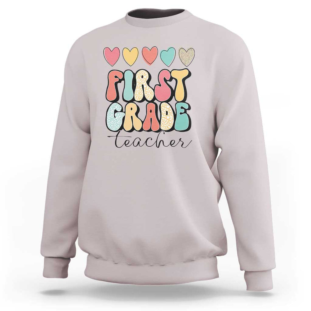 First Grade Teacher Leopard Heart Retro Groovy Sweatshirt TS09 Ice Gray Print Your Wear