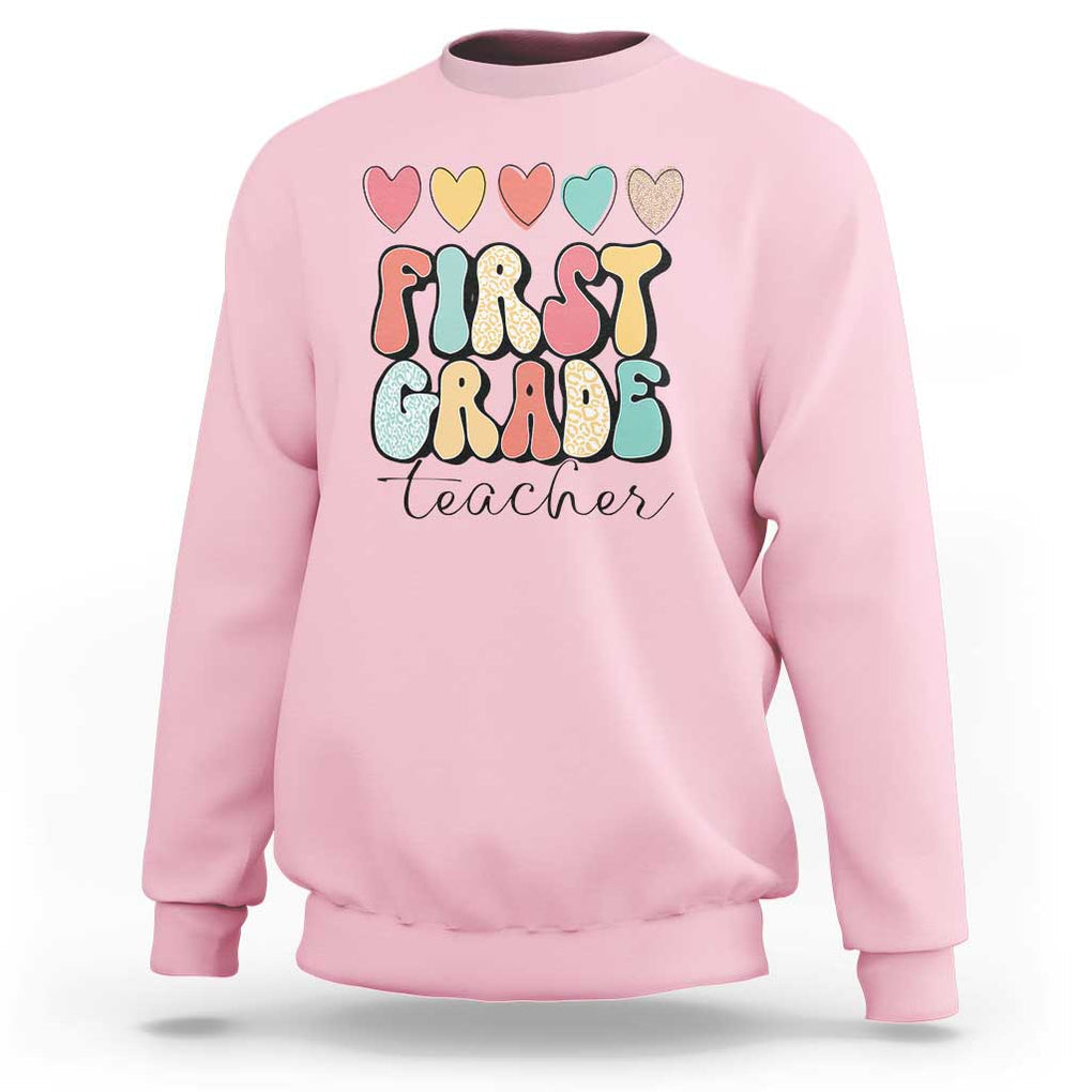 First Grade Teacher Leopard Heart Retro Groovy Sweatshirt TS09 Light Pink Print Your Wear