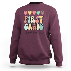 First Grade Teacher Leopard Heart Retro Groovy Sweatshirt TS09 Maroon Print Your Wear