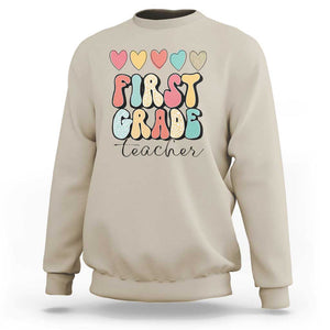 First Grade Teacher Leopard Heart Retro Groovy Sweatshirt TS09 Sand Print Your Wear