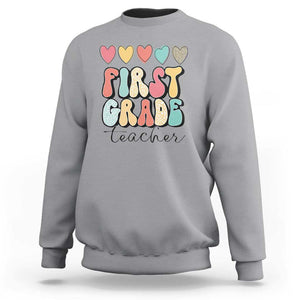 First Grade Teacher Leopard Heart Retro Groovy Sweatshirt TS09 Sport Gray Print Your Wear