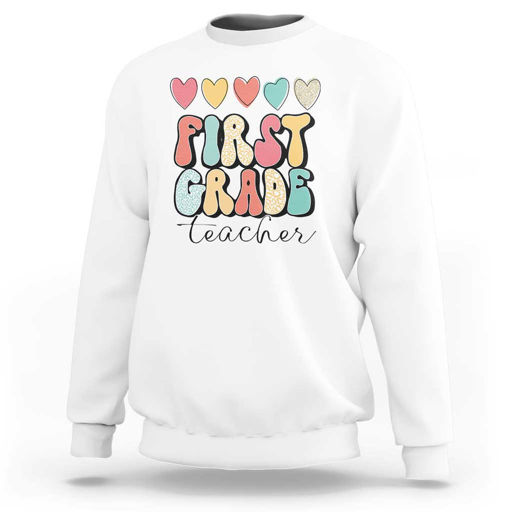 First Grade Teacher Leopard Heart Retro Groovy Sweatshirt TS09 White Print Your Wear