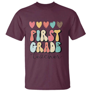 First Grade Teacher Leopard Heart Retro Groovy T Shirt TS09 Maroon Print Your Wear