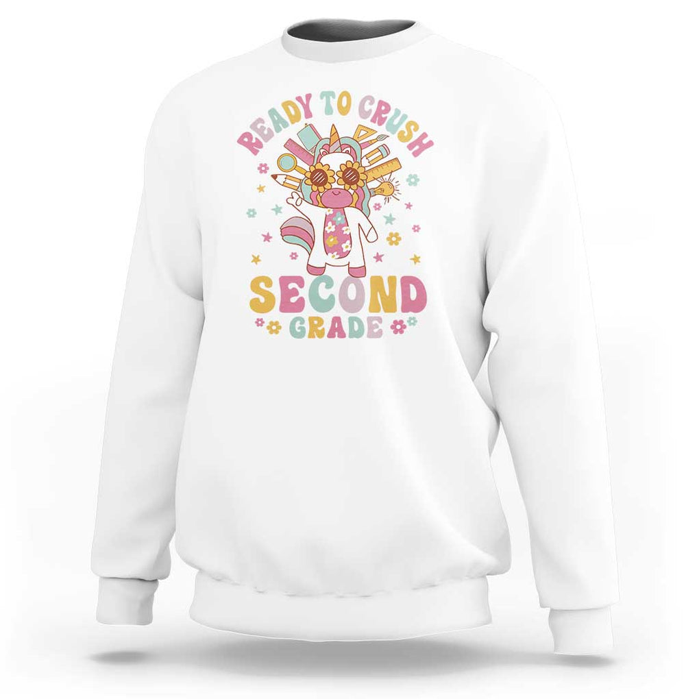 Funny Back To School Unicorn Sweatshirt Ready To Crush Second Grade Retro Groovy TS09 White Print Your Wear