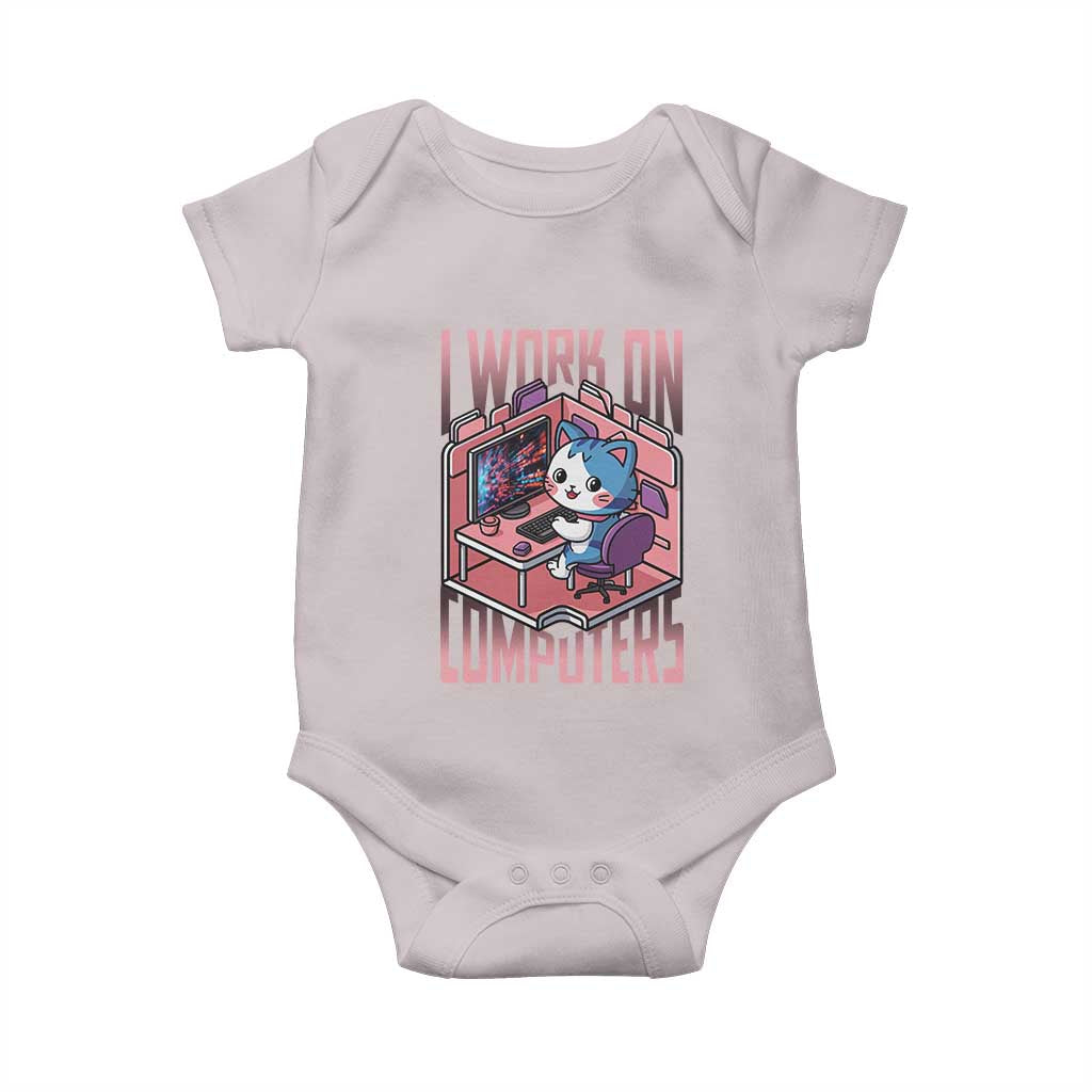 Funny Programmer Baby Onesie I Work On Computers Japan Anime Cat TS09 Ice Gray Print Your Wear