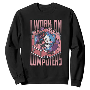 Funny Programmer Sweatshirt I Work On Computers Japan Anime Cat TS09 Black Print Your Wear