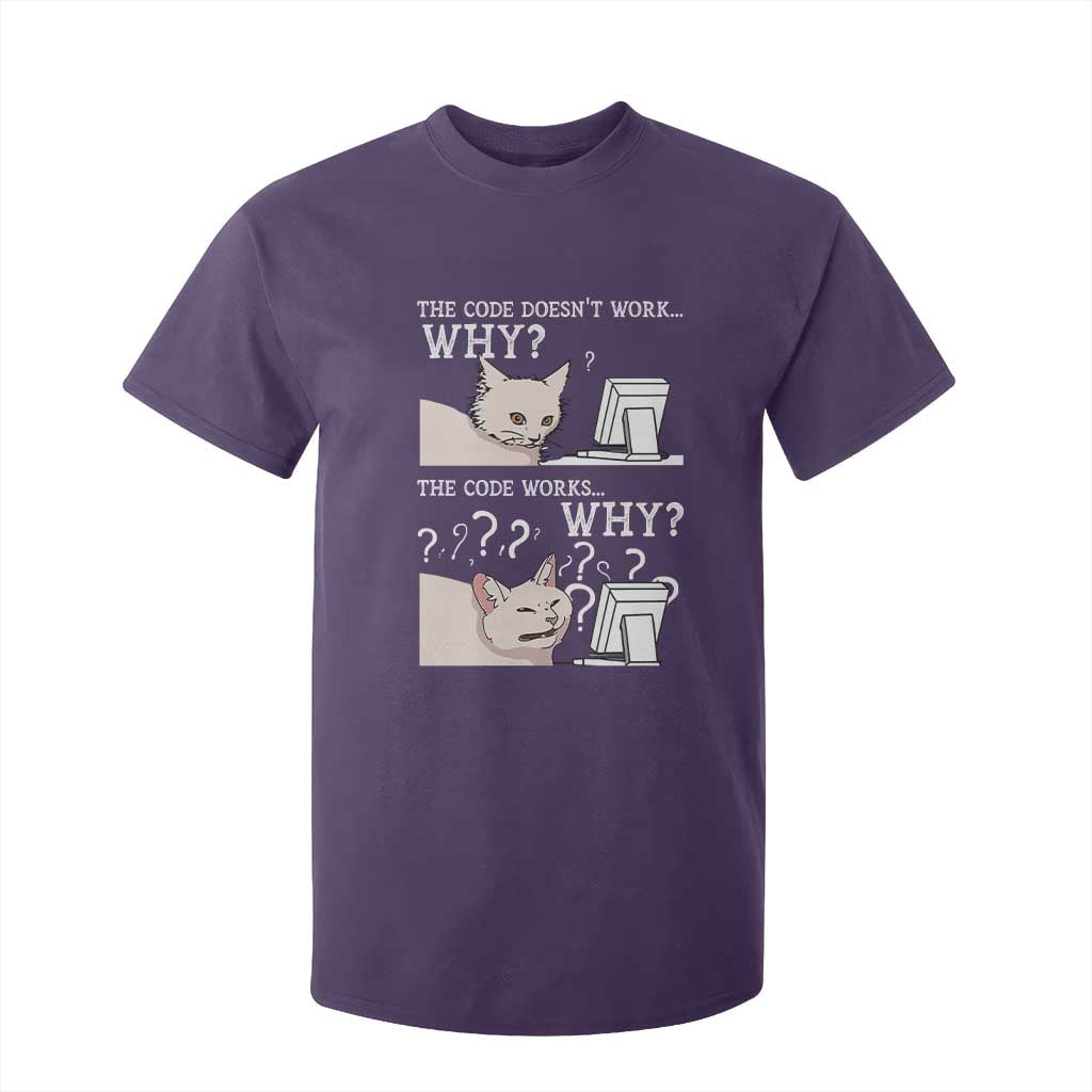 Funny Coder T Shirt For Kid The Code Doesn't Work Why Cat Meme TS09 Purple Print Your Wear