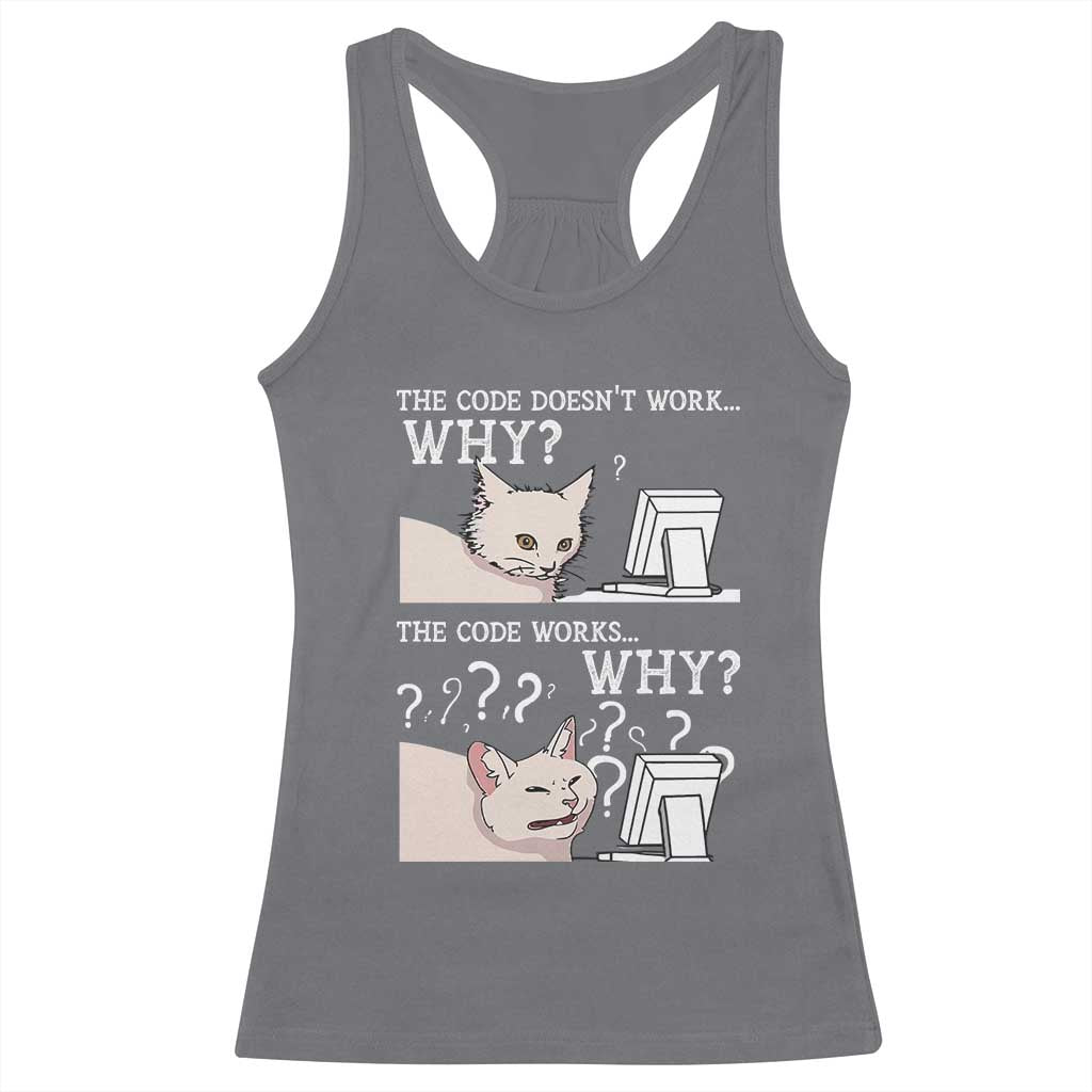 Funny Coder Racerback Tank Top The Code Doesn't Work Why Cat Meme TS09 Charcoal Print Your Wear