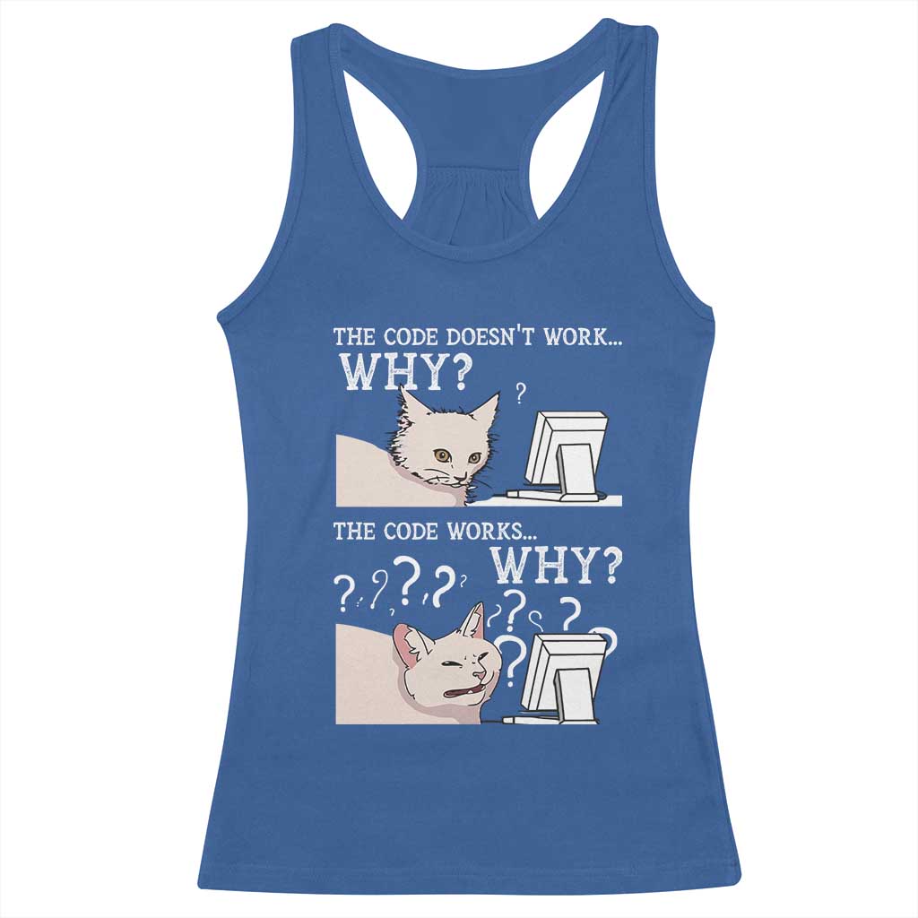 Funny Coder Racerback Tank Top The Code Doesn't Work Why Cat Meme TS09 Royal Blue Print Your Wear