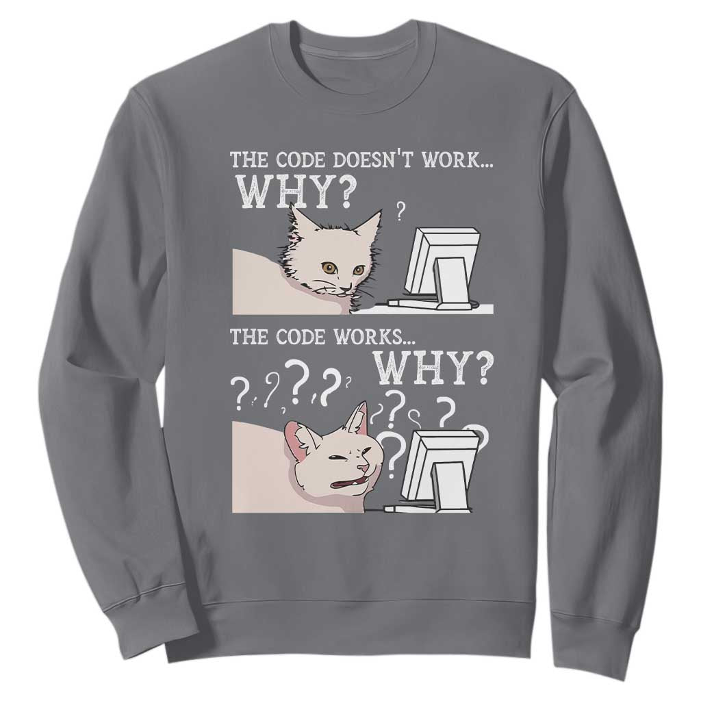 Funny Coder Sweatshirt The Code Doesn't Work Why Cat Meme TS09 Charcoal Print Your Wear