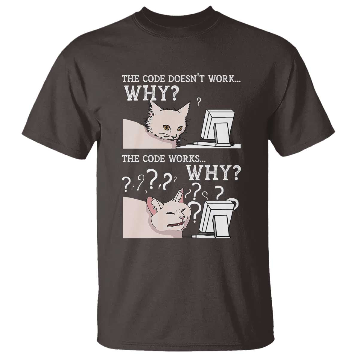 Funny Coder T Shirt The Code Doesn't Work Why Cat Meme TS09 Dark Chocolate Print Your Wear