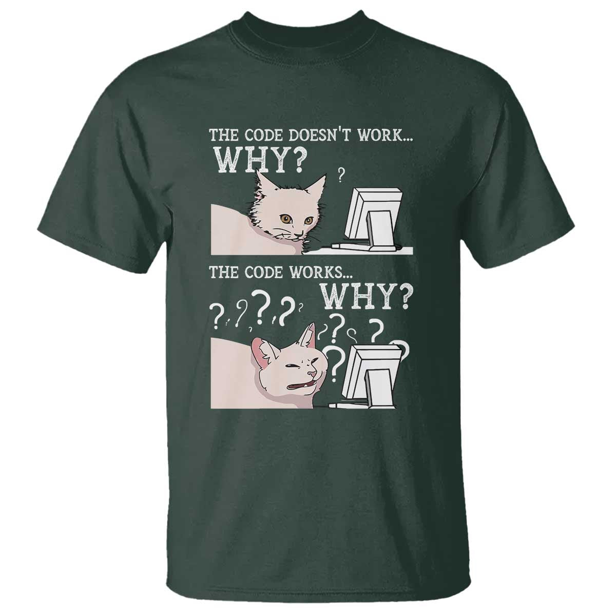 Funny Coder T Shirt The Code Doesn't Work Why Cat Meme TS09 Dark Forest Green Print Your Wear