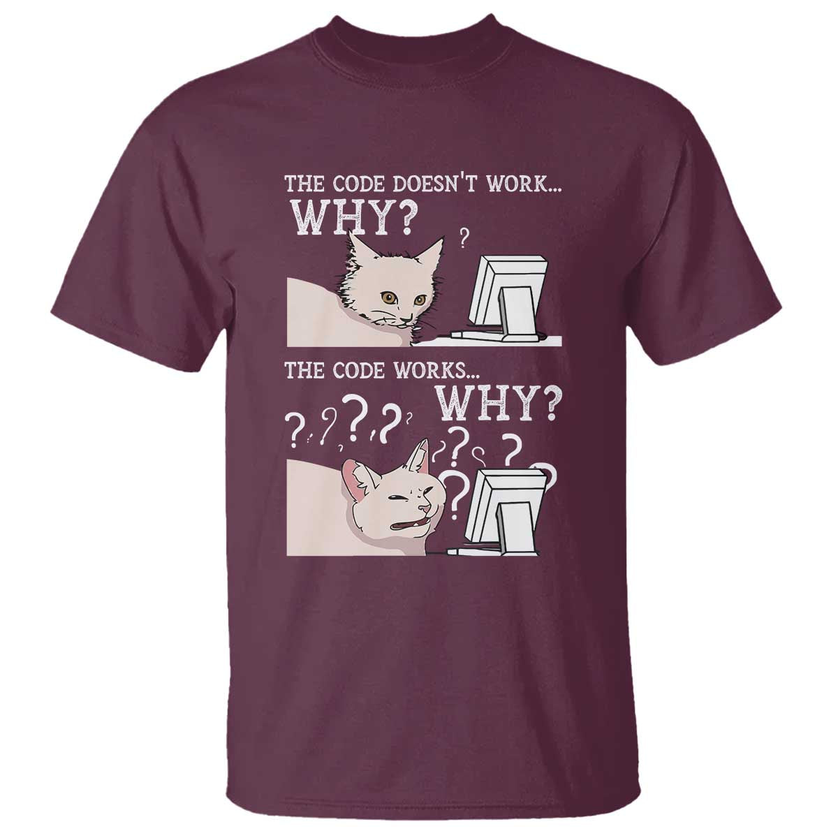 Funny Coder T Shirt The Code Doesn't Work Why Cat Meme TS09 Maroon Print Your Wear