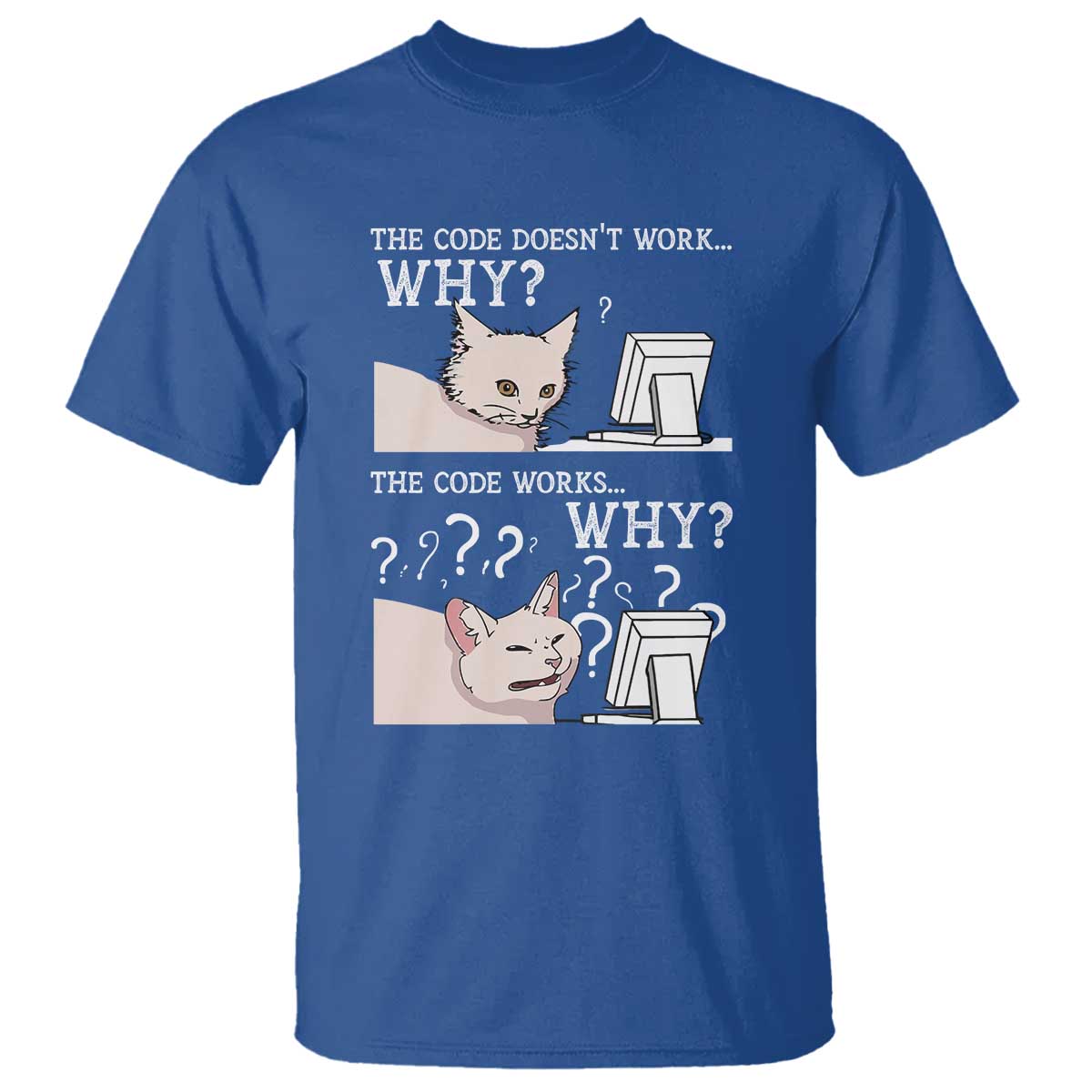 Funny Coder T Shirt The Code Doesn't Work Why Cat Meme TS09 Royal Blue Print Your Wear
