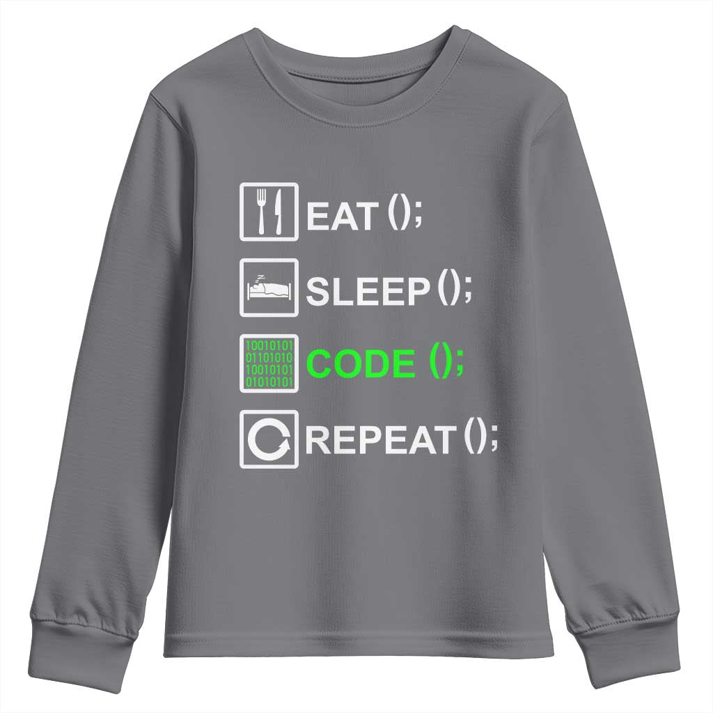 Funny Coder Youth Sweatshirt Eat Sleep Code Repeat TS09 Charcoal Print Your Wear