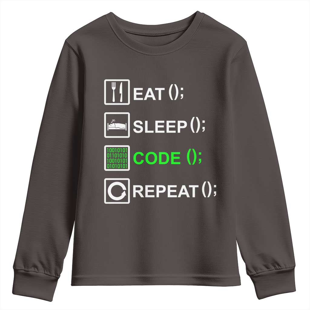 Funny Coder Youth Sweatshirt Eat Sleep Code Repeat TS09 Dark Chocolate Print Your Wear