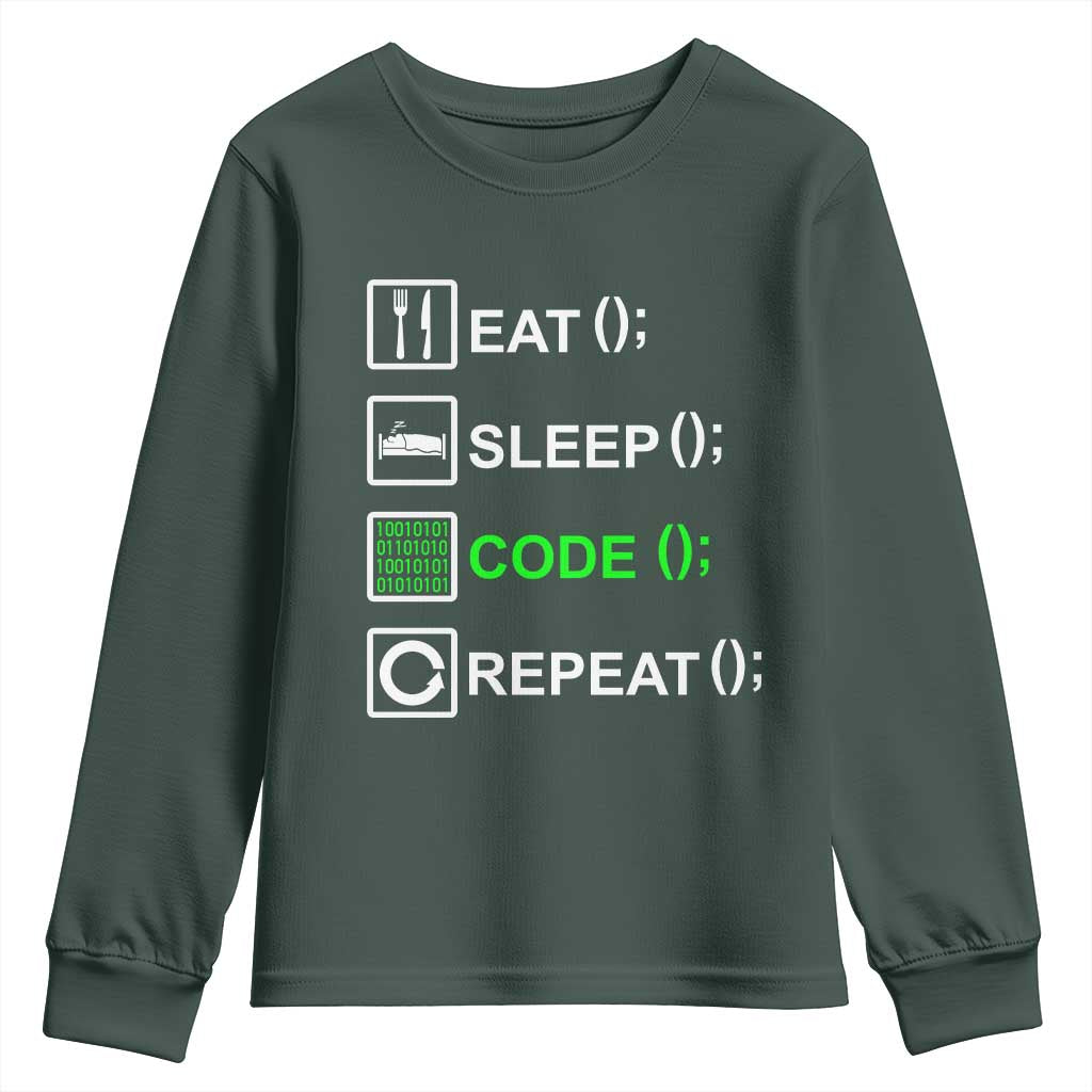 Funny Coder Youth Sweatshirt Eat Sleep Code Repeat TS09 Dark Forest Green Print Your Wear