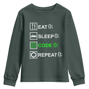 Funny Coder Youth Sweatshirt Eat Sleep Code Repeat TS09 Dark Forest Green Print Your Wear
