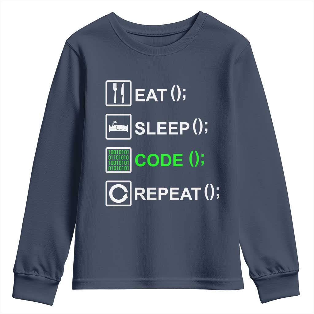Funny Coder Youth Sweatshirt Eat Sleep Code Repeat TS09 Navy Print Your Wear