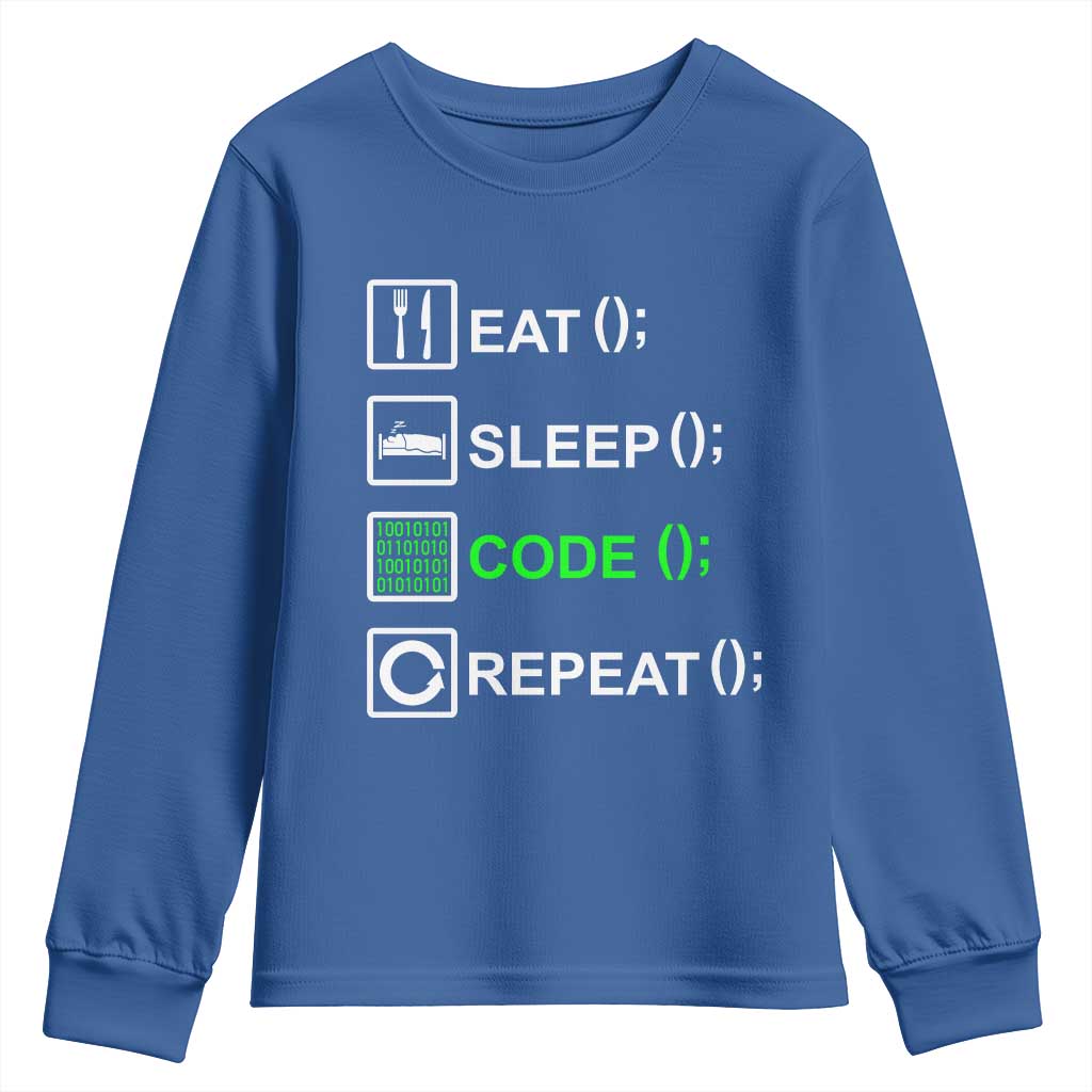 Funny Coder Youth Sweatshirt Eat Sleep Code Repeat TS09 Royal Blue Print Your Wear