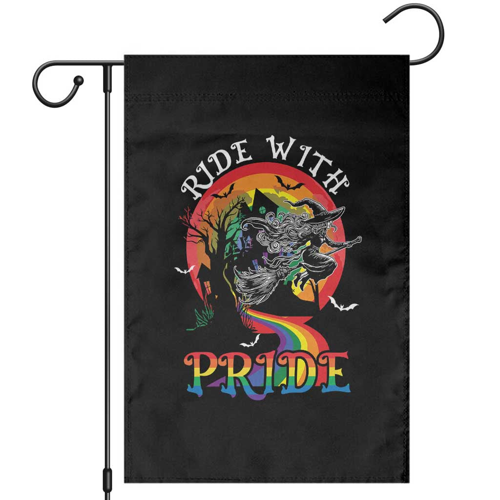 Funny Halloween LGBT Garden Flag Ride With Pride Witch Rainbow Spooky And Pride TS09 Black Print Your Wear
