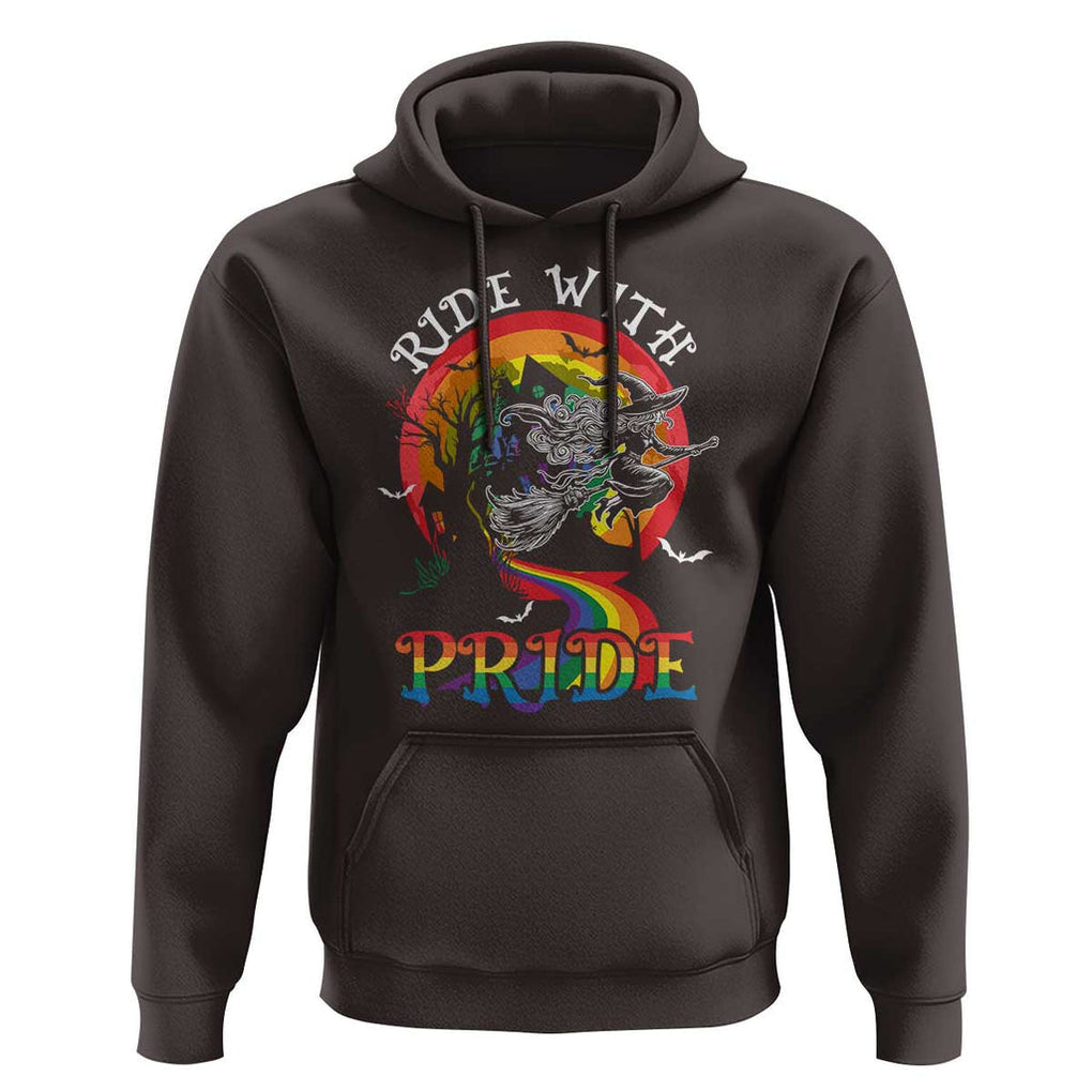 Funny Halloween LGBT Hoodie Ride With Pride Witch Rainbow Spooky And Pride TS09 Dark Chocolate Print Your Wear