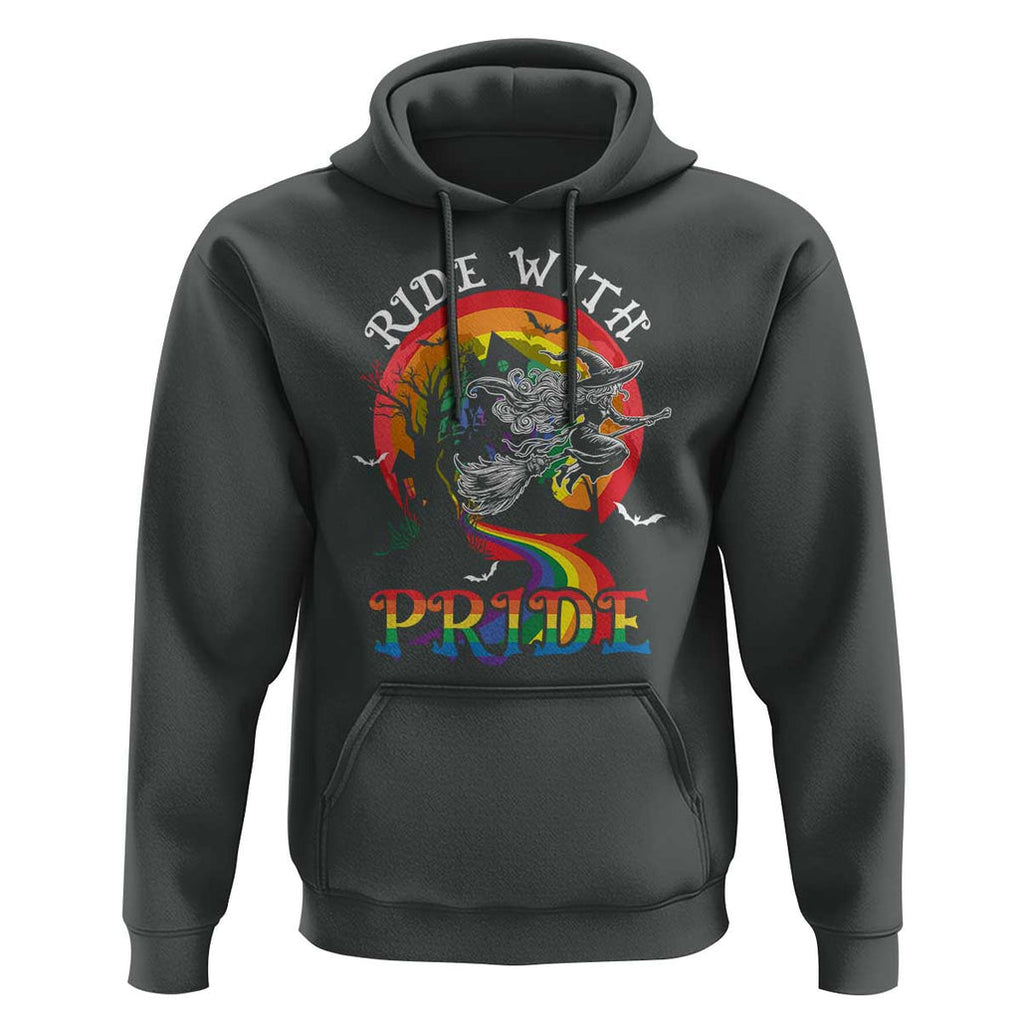 Funny Halloween LGBT Hoodie Ride With Pride Witch Rainbow Spooky And Pride TS09 Dark Heather Print Your Wear