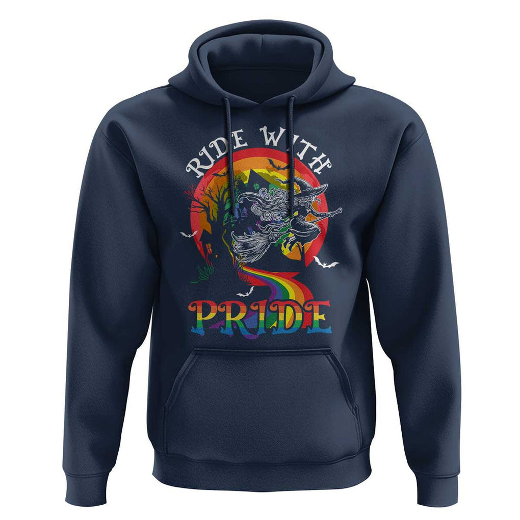 Funny Halloween LGBT Hoodie Ride With Pride Witch Rainbow Spooky And Pride TS09 Navy Print Your Wear