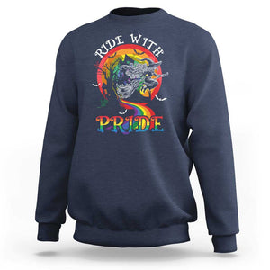 Funny Halloween LGBT Sweatshirt Ride With Pride Witch Rainbow Spooky And Pride TS09 Navy Print Your Wear