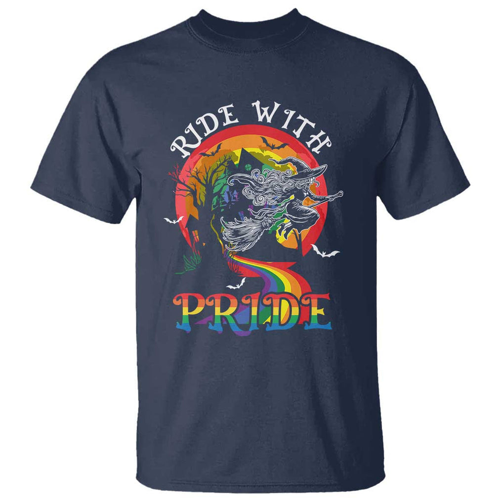 Funny Halloween LGBT T Shirt Ride With Pride Witch Rainbow Spooky And Pride TS09 Navy Print Your Wear