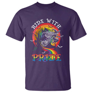 Funny Halloween LGBT T Shirt Ride With Pride Witch Rainbow Spooky And Pride TS09 Purple Print Your Wear