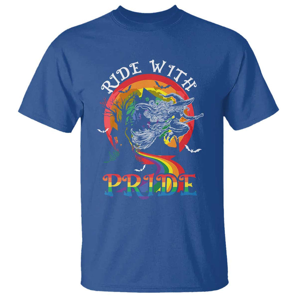 Funny Halloween LGBT T Shirt Ride With Pride Witch Rainbow Spooky And Pride TS09 Royal Blue Print Your Wear