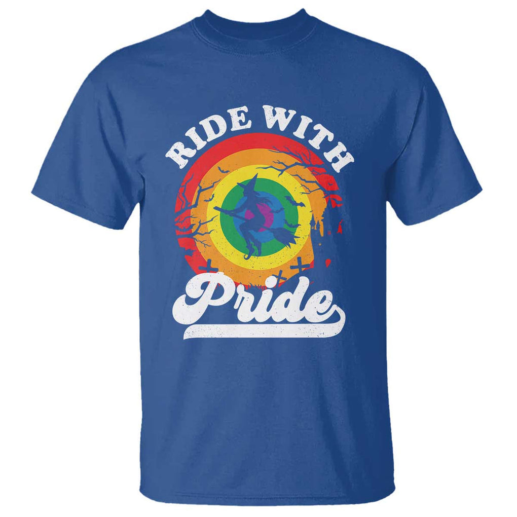 Funny Halloween LGBT T Shirt Ride With Pride Witch Rainbow TS09 Royal Blue Print Your Wear