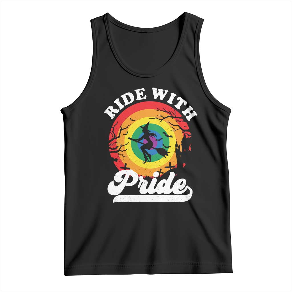 Funny Halloween LGBT Tank Top Ride With Pride Witch Rainbow TS09 Black Print Your Wear