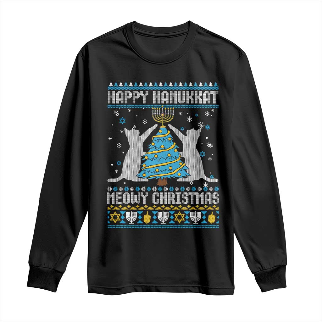 Hanukkah Christmas Cat Long Sleeve Shirt Happy Hanukkat Meowy Christmas TS09 Black Print Your Wear