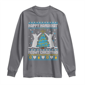 Hanukkah Christmas Cat Long Sleeve Shirt Happy Hanukkat Meowy Christmas TS09 Charcoal Print Your Wear