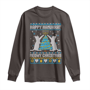 Hanukkah Christmas Cat Long Sleeve Shirt Happy Hanukkat Meowy Christmas TS09 Dark Chocolate Print Your Wear